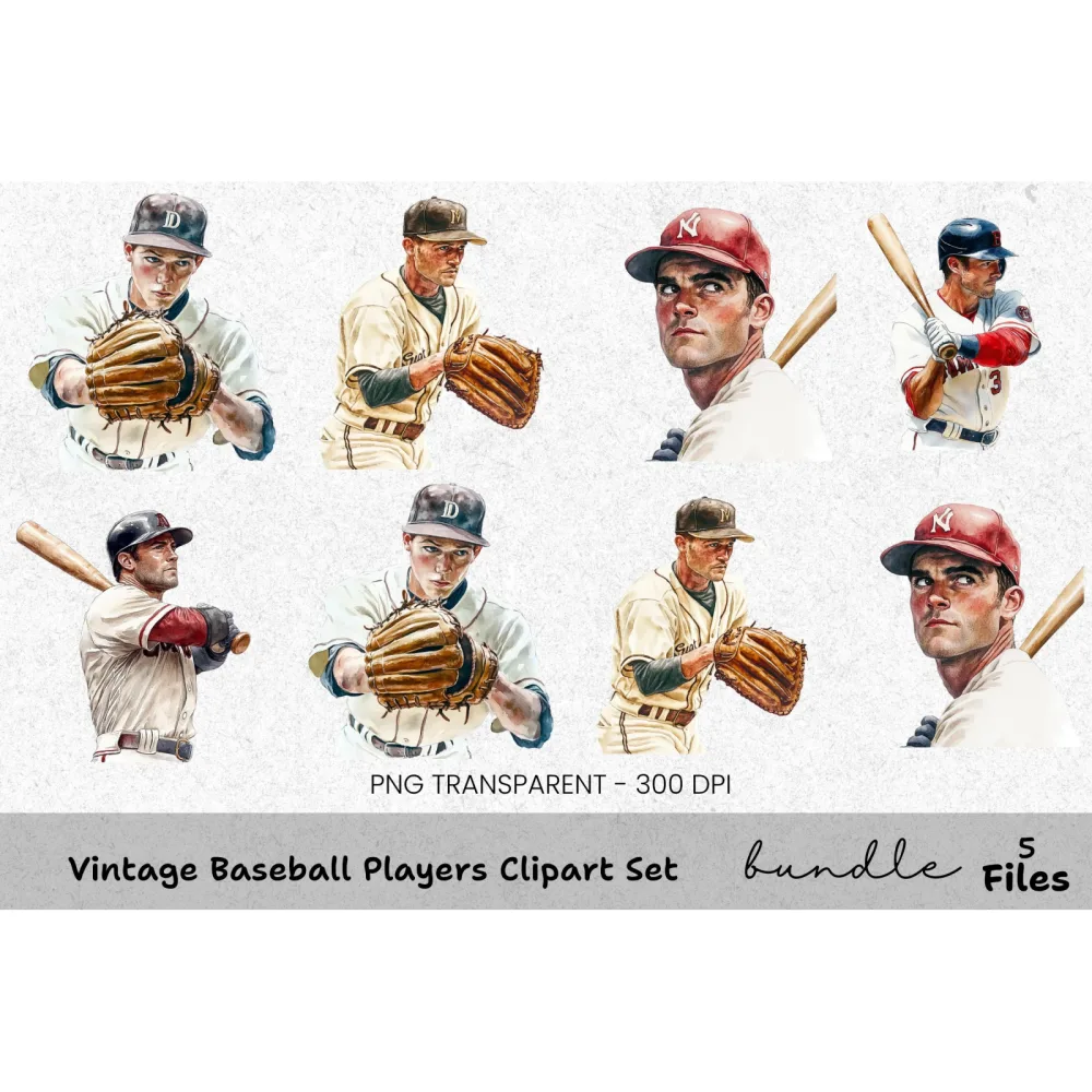 Vintage Baseball Players Clipart Bundle