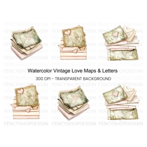Vintage Love Letters Map Clipart Bundle