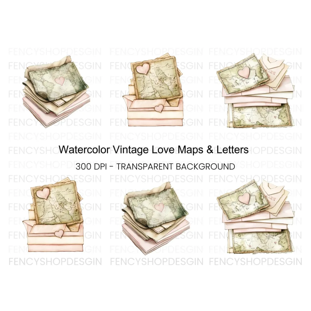 Vintage Love Letters Map Clipart Bundle