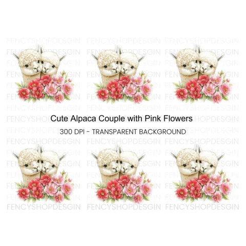 Cute Alpaca Couple with Pink Flowers Clipart Bundle