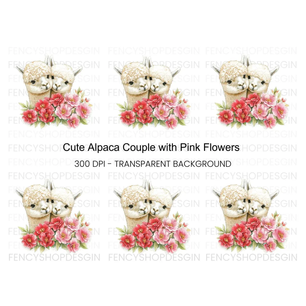 Cute Alpaca Couple with Pink Flowers Clipart Bundle