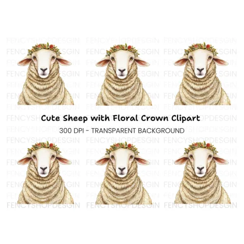 Cute Sheep with Flower Crown Clipart Bundle