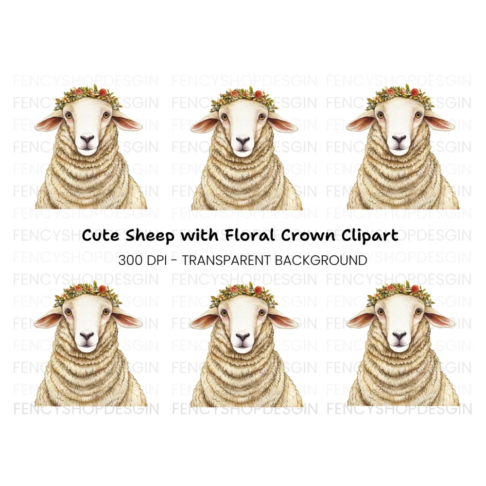 Cute Sheep with Flower Crown Clipart Bundle