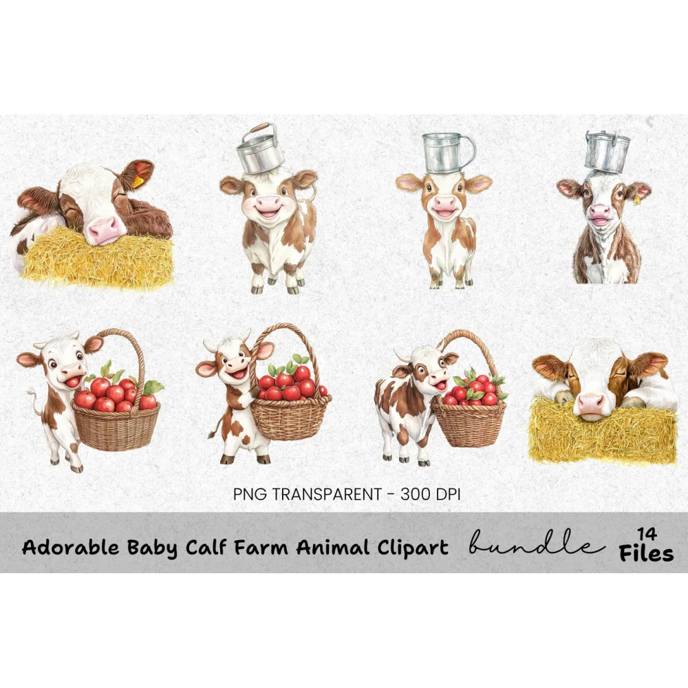 Adorable Baby Calf Farm Animal Clipart Bundle