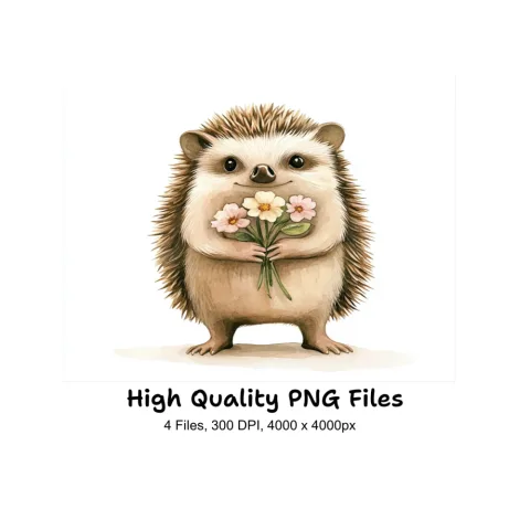 Cute Hedgehog with Flowers Clipart Bundle