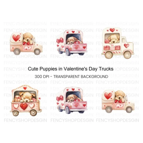 Sleeping Puppies in Love Trucks Clipart Bundle