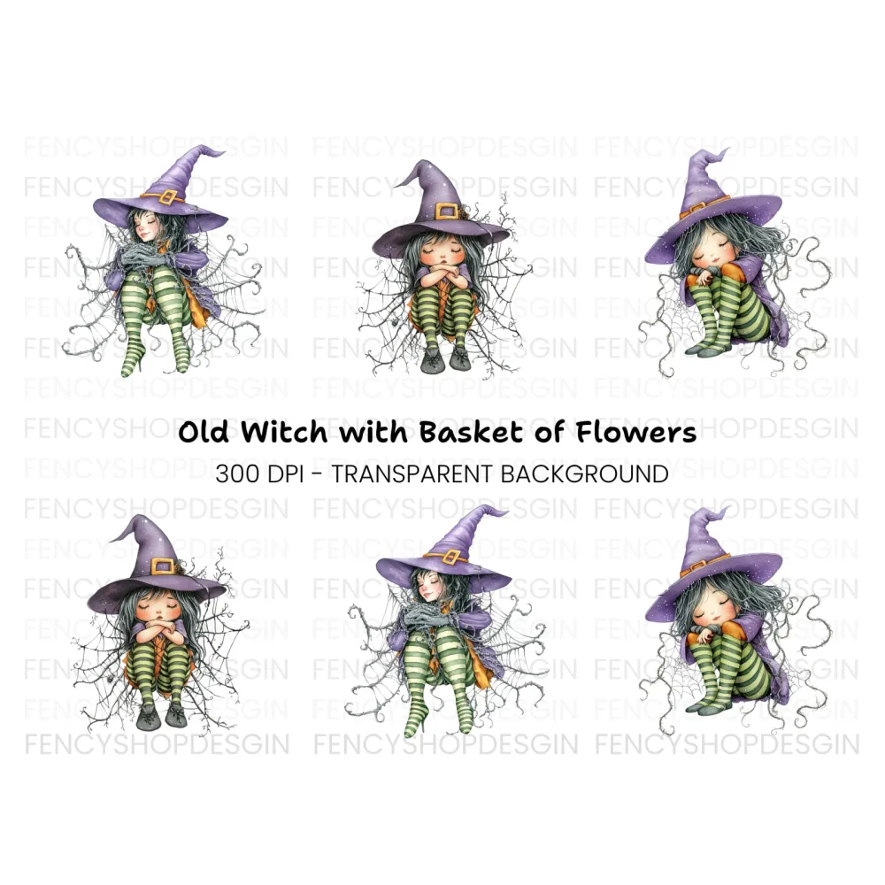 Sleeping Witches in Spiderwebs Clipart Bundle