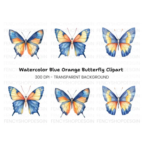 Blue and Orange Butterfly Clipart Bundle