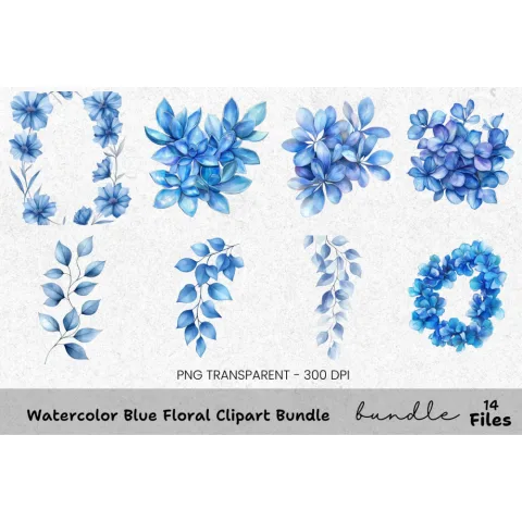 Blue Floral Clipart Bundle