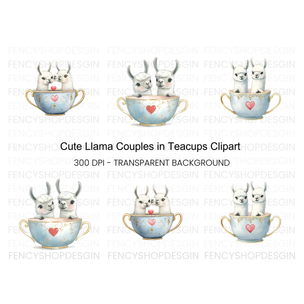 Cute Llama Couple in Teacups Clipart Bundle