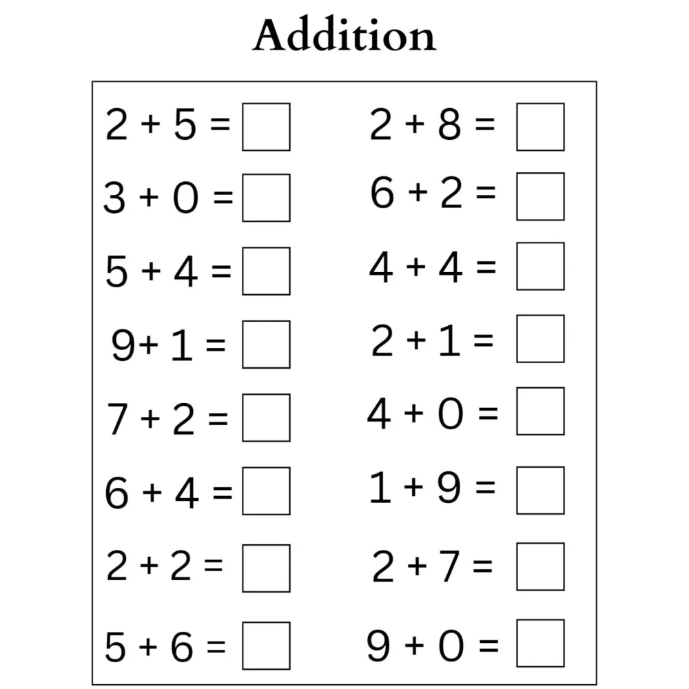 Simple Addition Number Worksheets