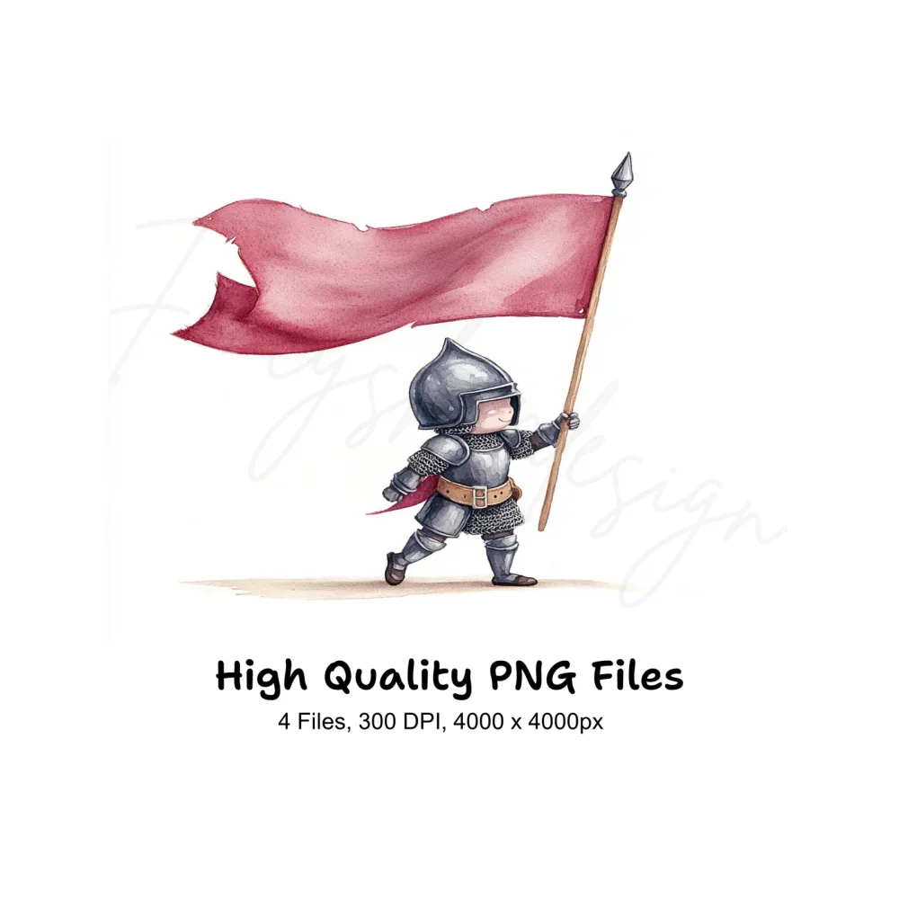 Cute Chibi Knights with Red Flags Clipart Bundle