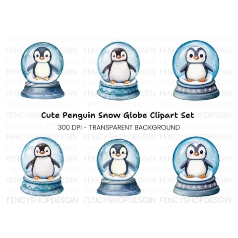 Cute Penguin Snow Globe Illustrations Clipart Bundle