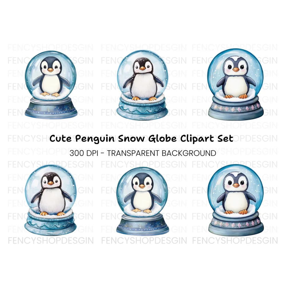 Cute Penguin Snow Globe Illustrations Clipart Bundle