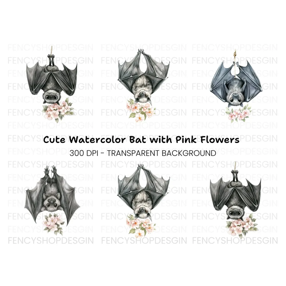 Cute Bat with Flowers Clipart Bundle