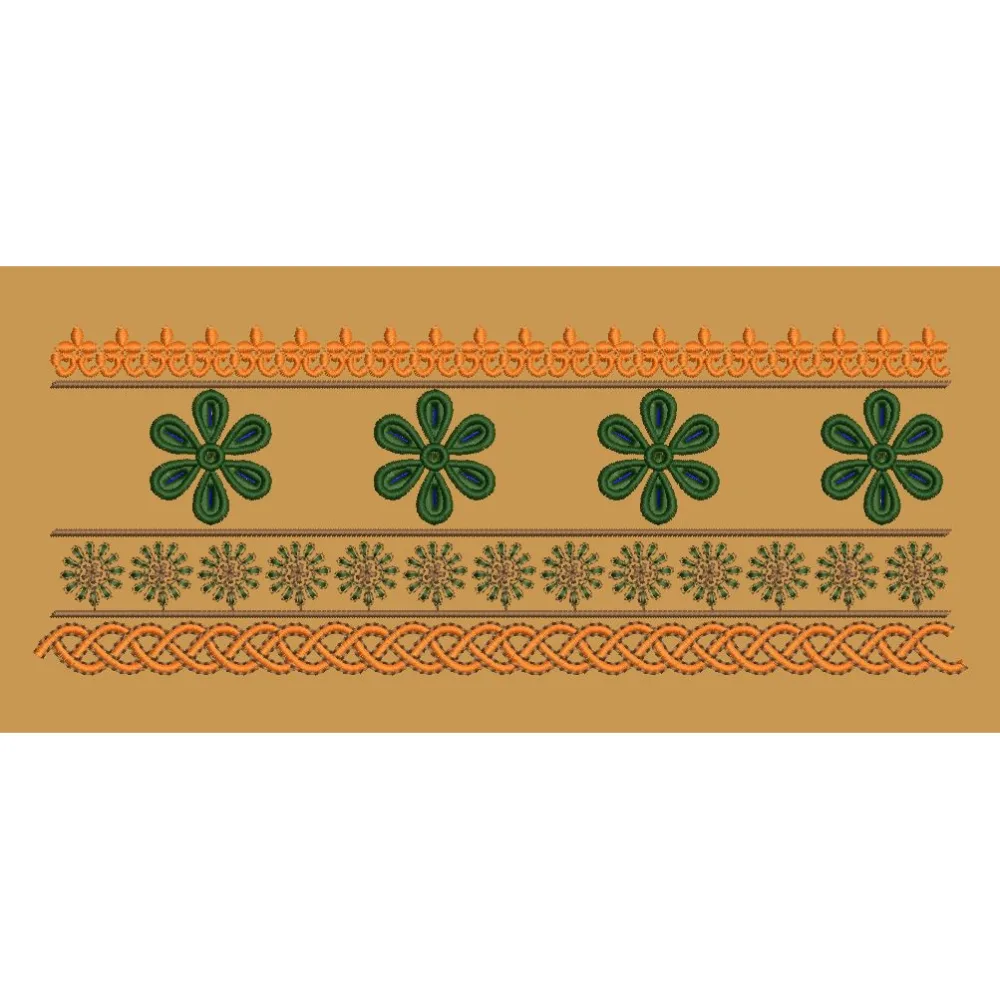 Green Flower And Golden Jacquard Border Embroidery Design