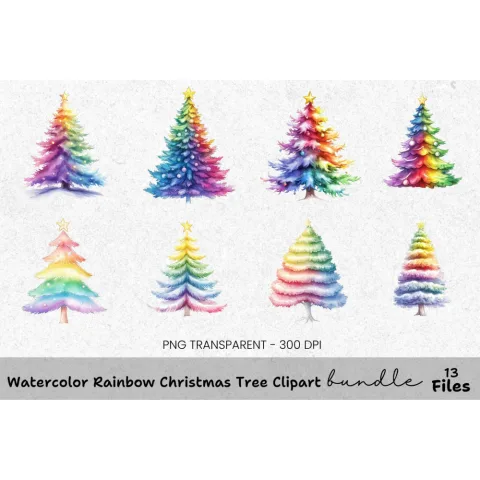 Rainbow Christmas Tree Clipart Bundle