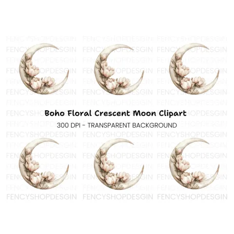 Floral Crescent Moon Clipart Bundle