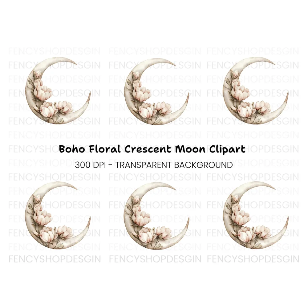 Floral Crescent Moon Clipart Bundle