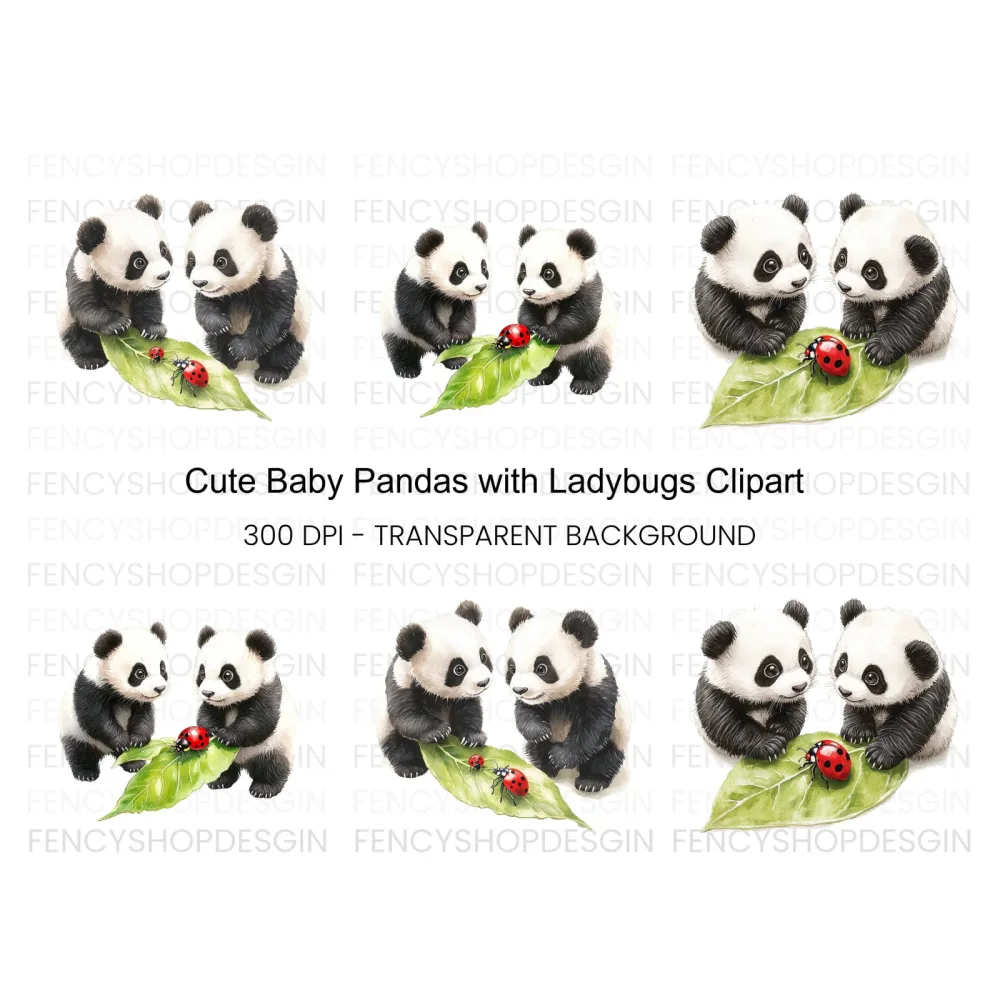 Cute Panda and Ladybugs Clipart Bundle