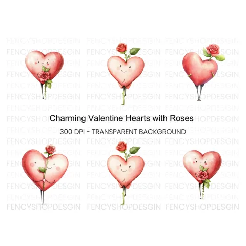 Whimsical Heart with Roses Clipart Bundle