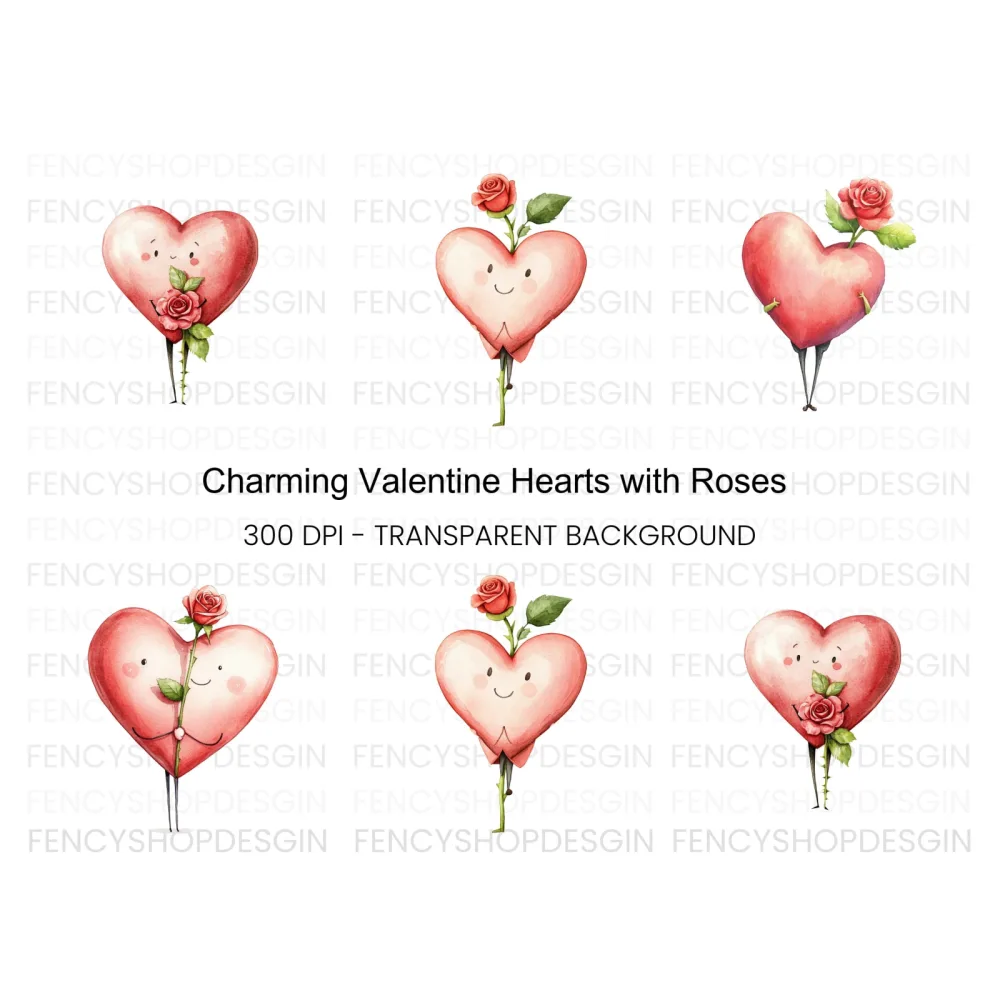 Whimsical Heart with Roses Clipart Bundle