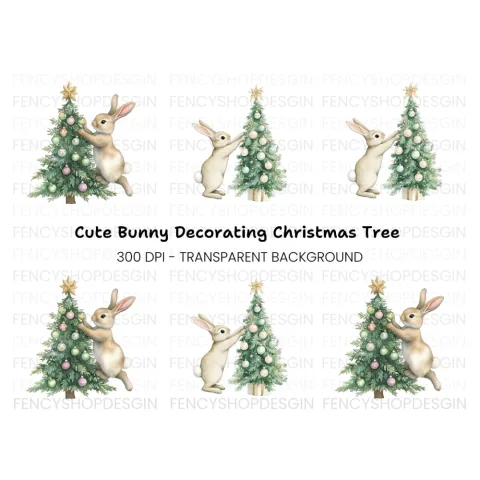Brown Bunnies Decorating Christmas Tree Clipart Bundle