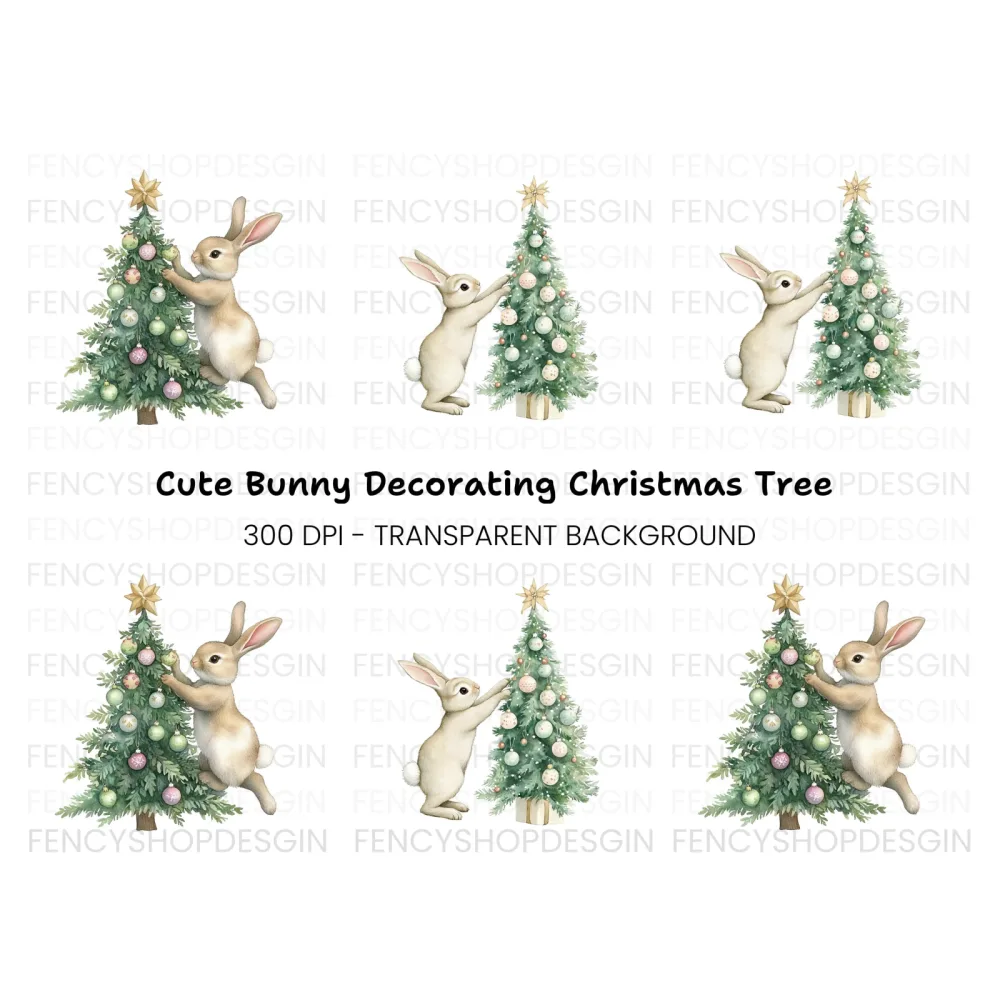 Brown Bunnies Decorating Christmas Tree Clipart Bundle