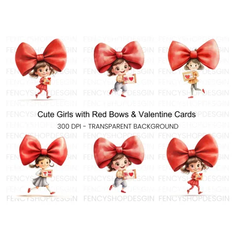 Cute Girls with Red Bows Clipart Bundle