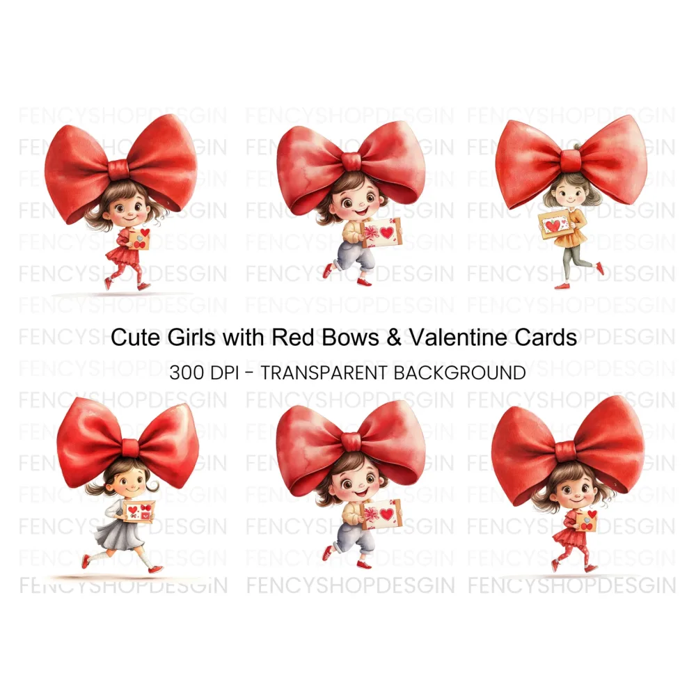 Cute Girls with Red Bows Clipart Bundle