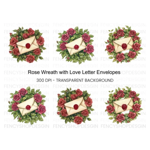 Vintage Rose Wreath Love Letter Clipart Bundle