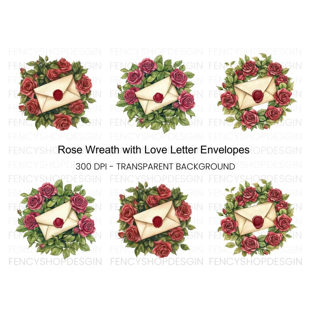 Vintage Rose Wreath Love Letter Clipart Bundle