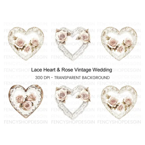 Lace Heart Rose Clipart Bundle
