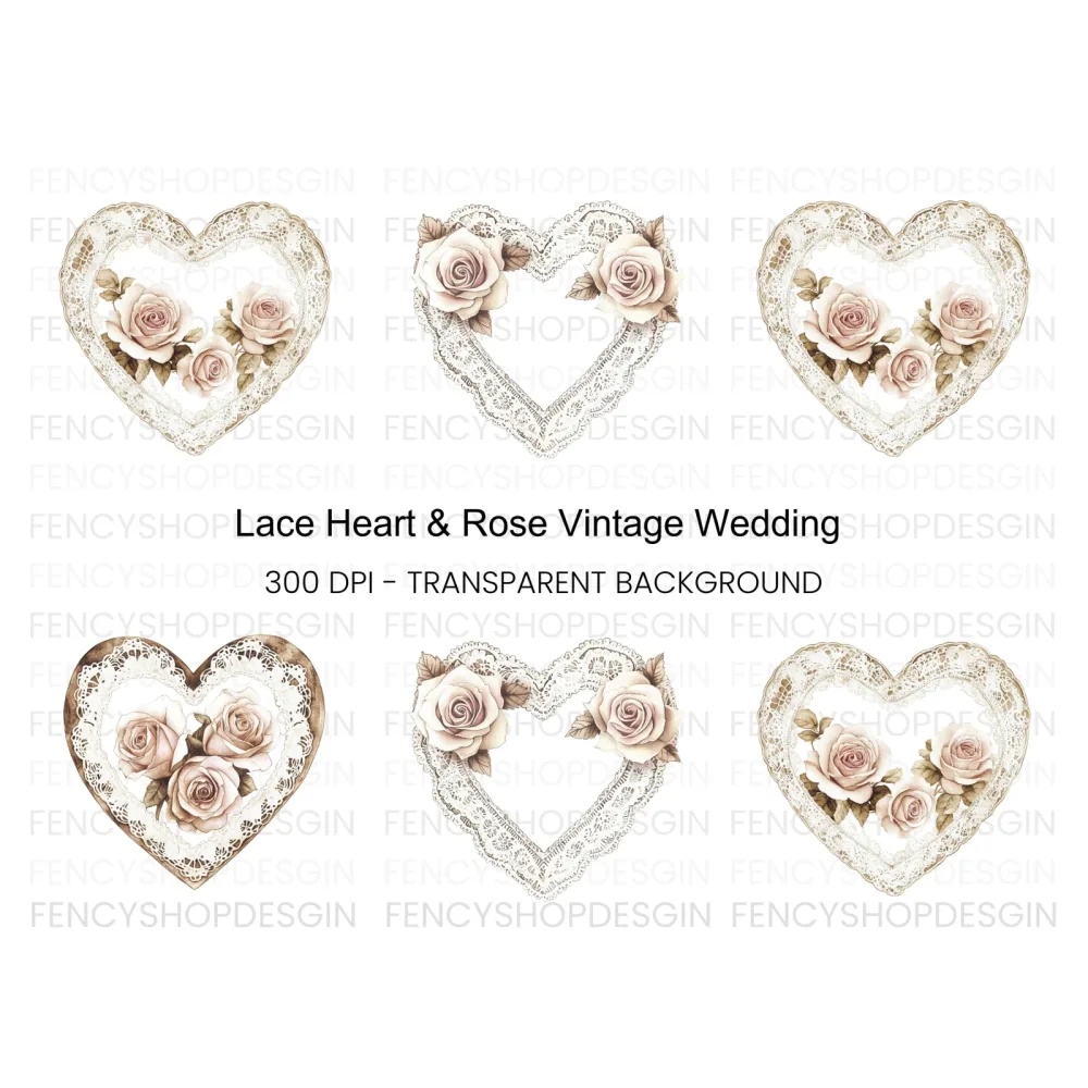 Lace Heart Rose Clipart Bundle