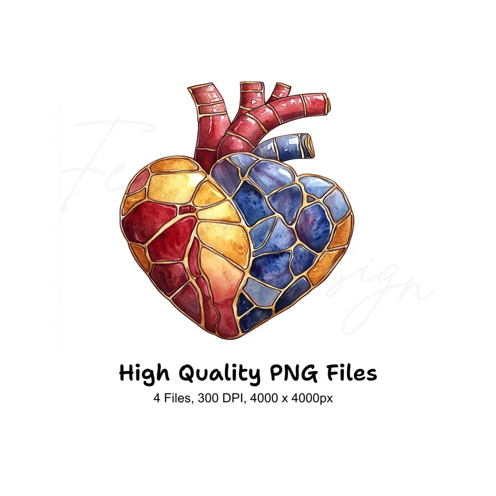 Anatomical Stained Glass Heart Clipart Bundle