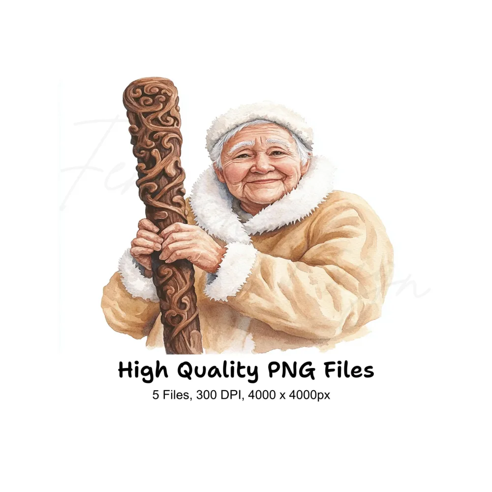 Elderly Woman with Carved Staff Clipart Bundle