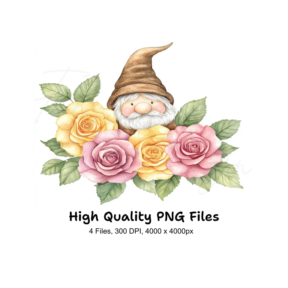 Cute Gnome with Rose Bouquet Clipart Bundle