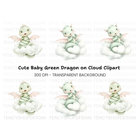 Cute Baby Dragon on Clouds Clipart Bundle