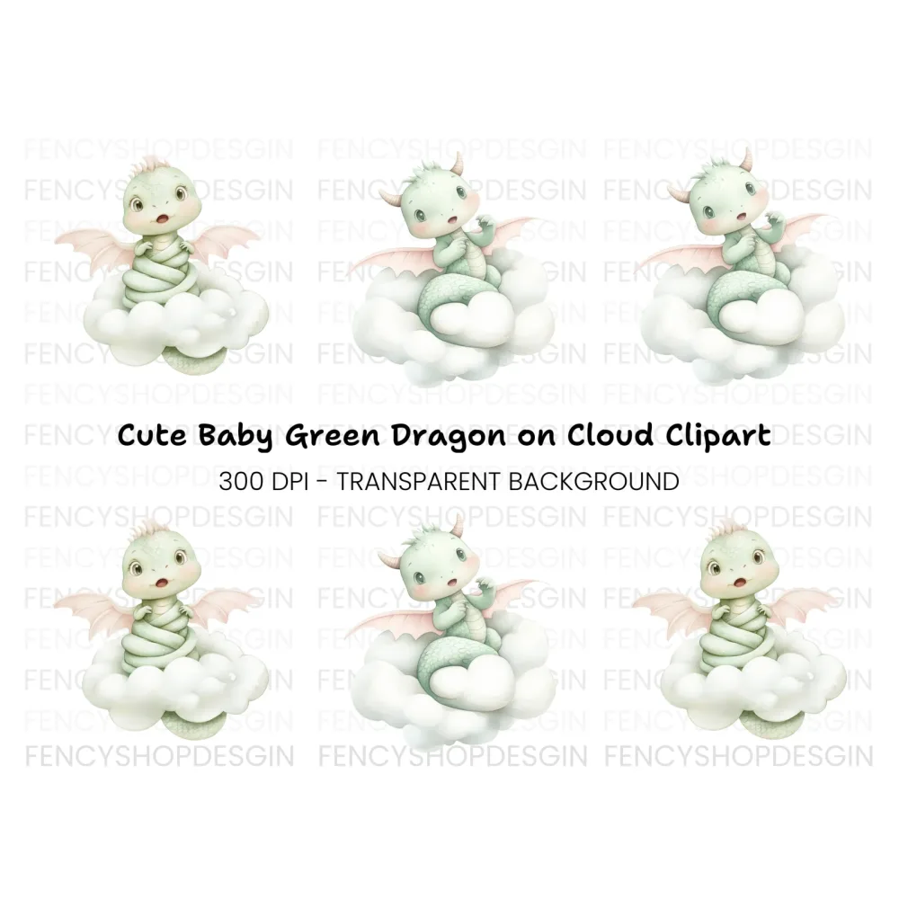 Cute Baby Dragon on Clouds Clipart Bundle