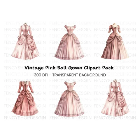Elegant Pink Victorian Gown Clipart Bundle