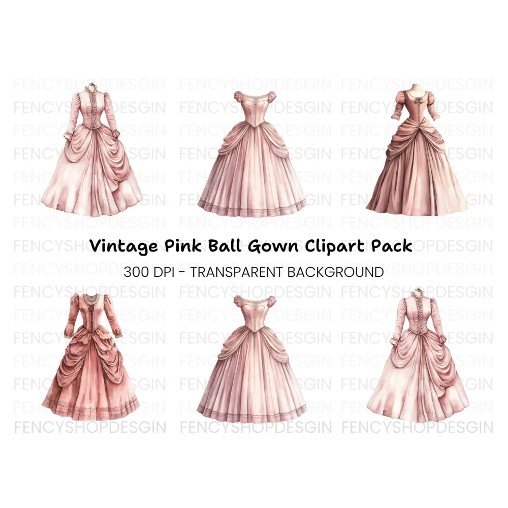 Elegant Pink Victorian Gown Clipart Bundle