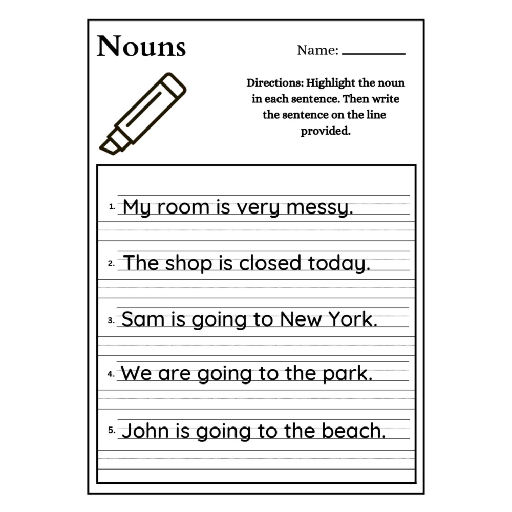 Nouns Sentence Identification Worksheets