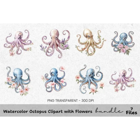 Octopus with Flowers Clipart Bundle