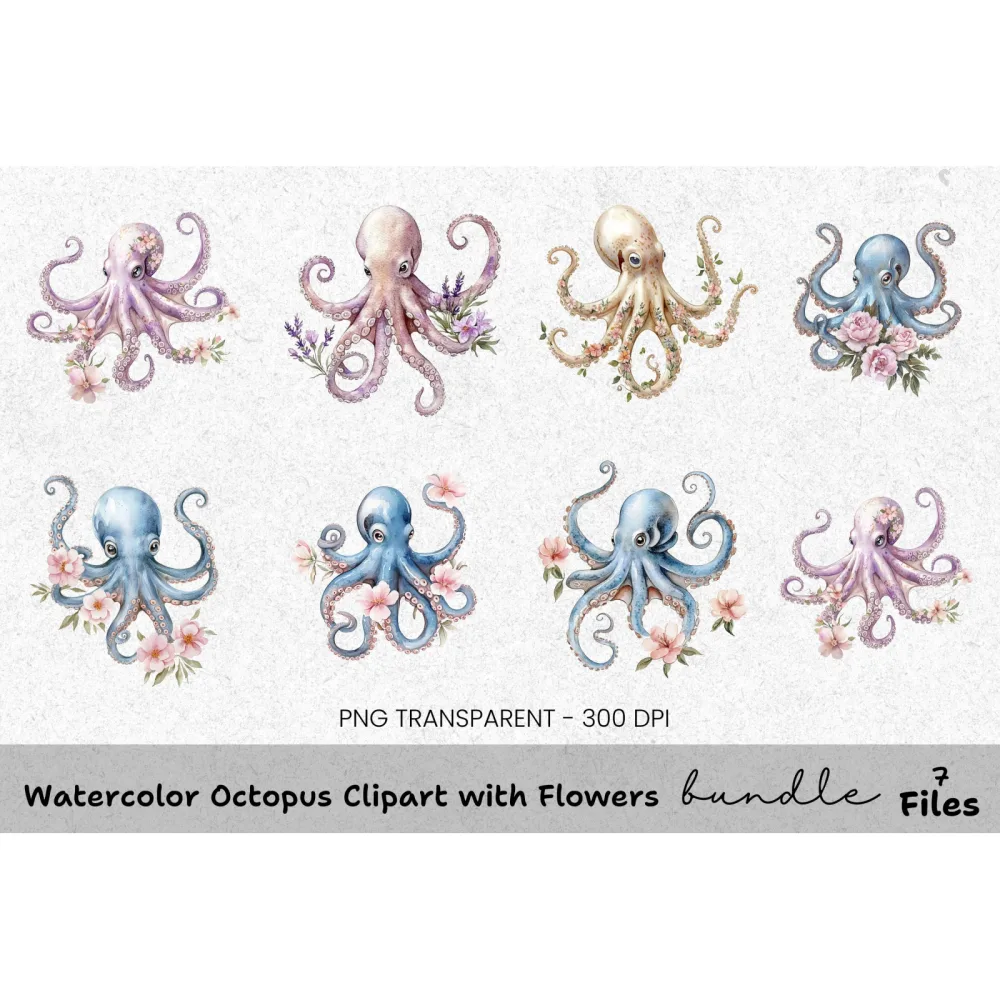 Octopus with Flowers Clipart Bundle