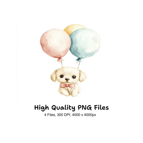 Cute Puppy with Balloons Clipart Bundle