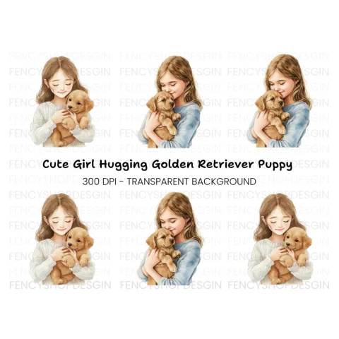 Girls Cuddling Puppies Clipart Bundle