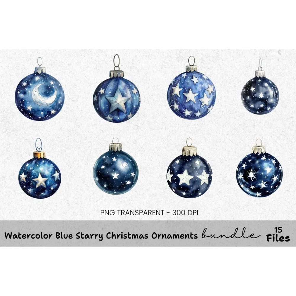 Blue Starry Christmas Ornaments Clipart Bundle