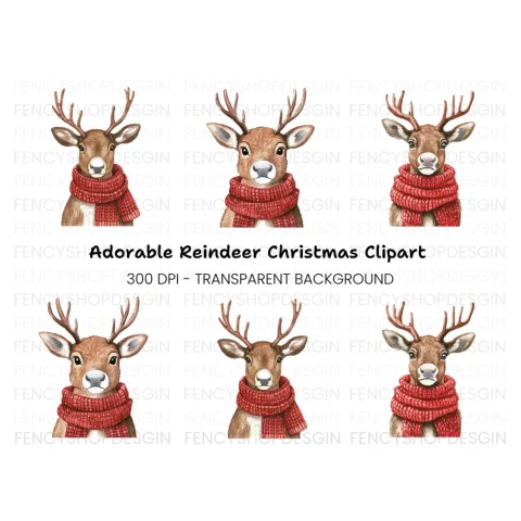 Cute Reindeer with Red Scarf Clipart Bundle