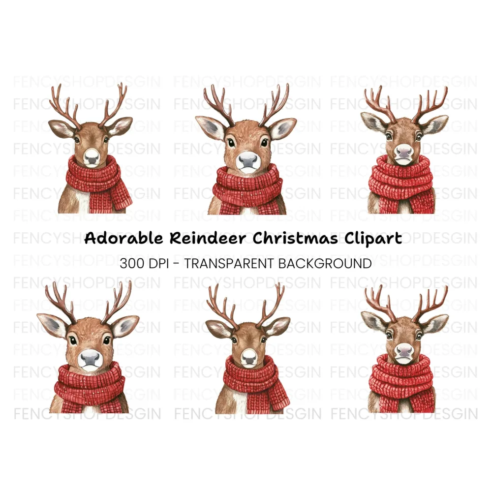 Cute Reindeer with Red Scarf Clipart Bundle