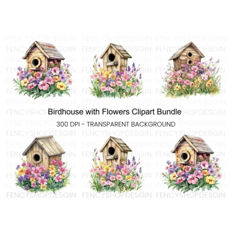 Birdhouse and Flowers Clipart Bundle